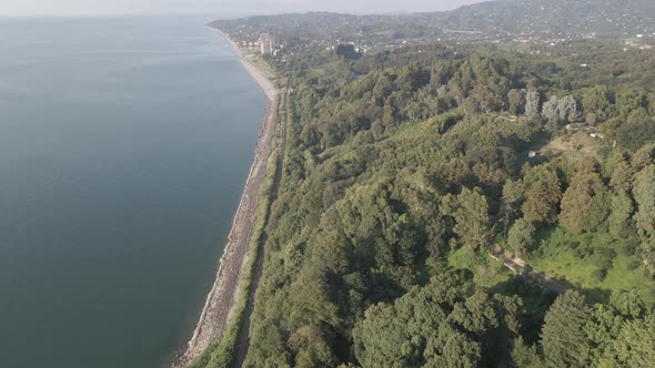 Aerial view of Green cape and Botanical garden of Batumi at sunset. Georgia 2021