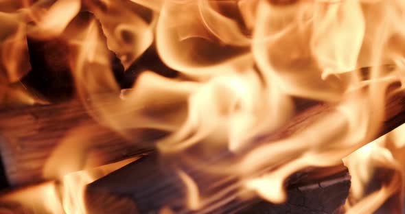 Closeup view of a firewood on fire