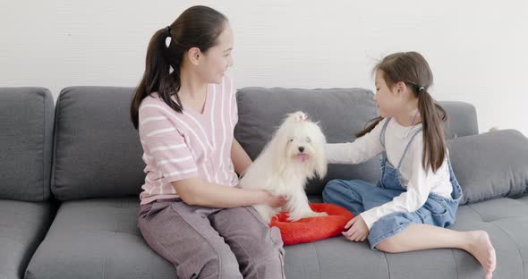 Mother and daughter playing with white dog on sofa 2