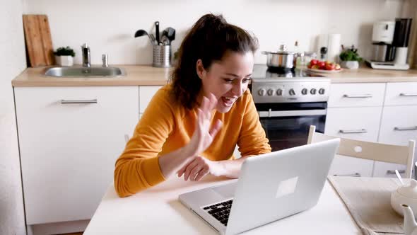 Smiling Girl Waving Hand Video Calling Family By Webcam alt