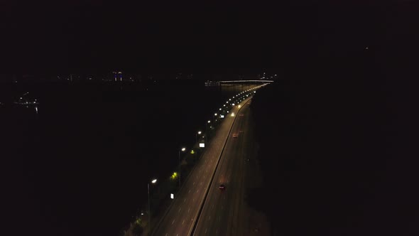 Aerial Drone Footage of Night Kyiv. Embankment at Night