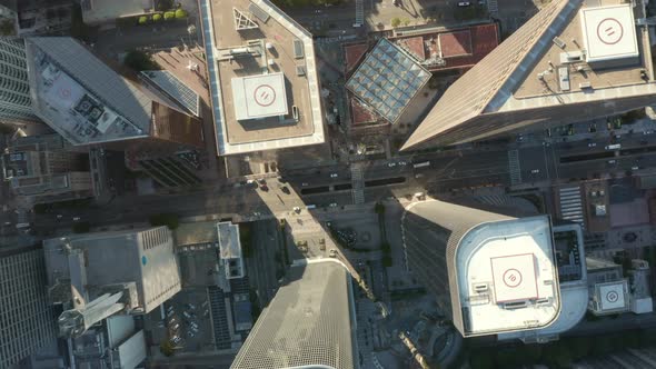 Skyscraper Canyon of Downtown Los Angeles Epic Aerial Birds Eye Overhead Top Down View of Main alt