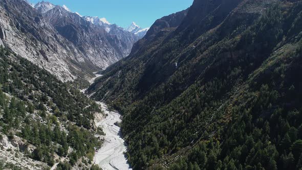 Gangotri valley in the state of Uttarakhand in India seen from the sky alt