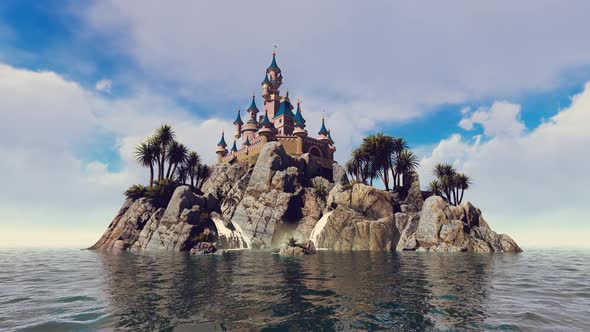 Castle On The Island With Waterfall alt