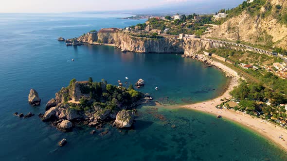 Taormina Sicily Isola Bella Beach From the Sky Aerial View Voer the Island and the Beach By Taormina alt