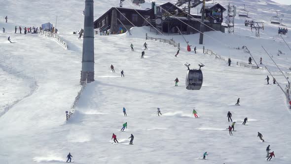 Aerial View of the Ski Slope and Many Skiers