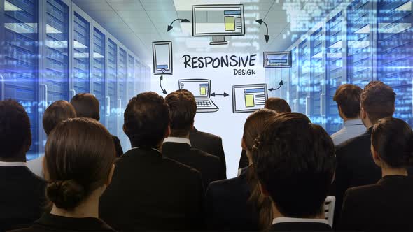 Business people looking at digital screen showing responsive design alt