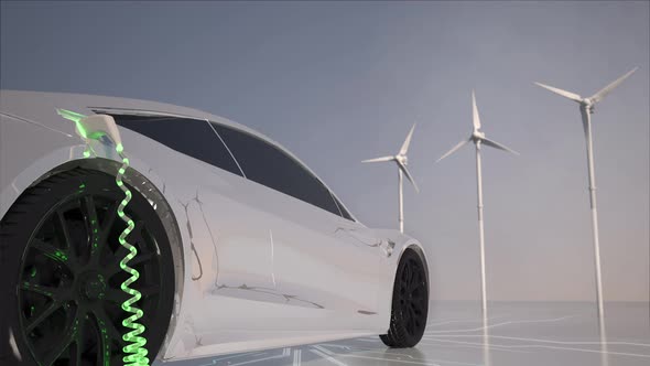 Generic electric car charging with wind turbines in background