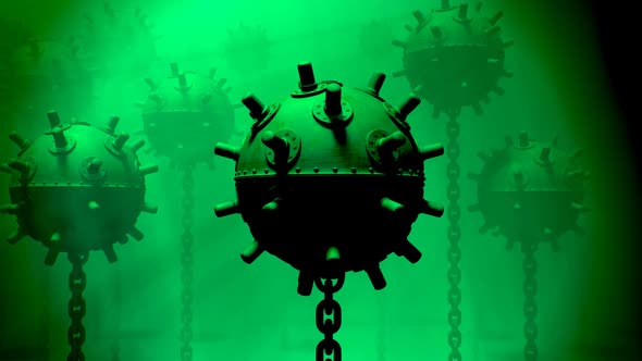 Naval underwater mines. Explosive bombs floating in the basin. Zoom in view. HD alt