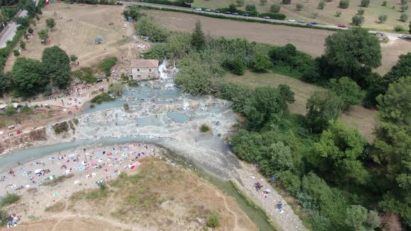 Aerial view of Terme di Saturnia natural pools in Tuscany, Italy, Europe alt