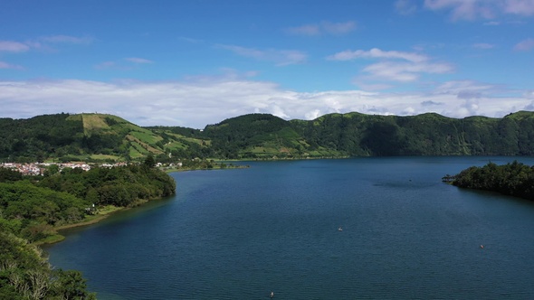 Portugal. Azores. Volcanic lake in the crater of the volcano. Aerial view. alt