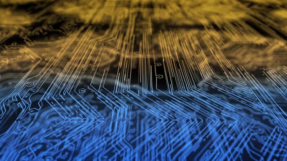 Flying Over a Futuristic Circuit Board with Moving Electrons Pulses and Connections alt