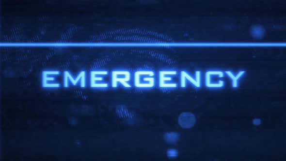 Glowing Blue EMERGENCY Title Digital Bulletin Screen with Glitches and Distortion