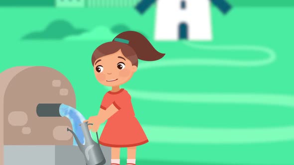 The Little Girl Takes Water From The Spring alt