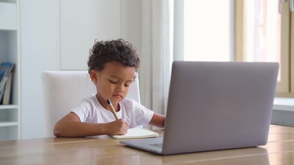Little African American Boy Studying Online Using Laptop Computer at Home alt