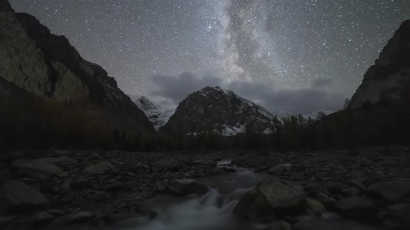 Karatash Mountain, Aktru River and Milky Way at Night. Altai Mountains, Siberia alt