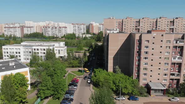 The Cityscape in Moscow From Above Residential Buildings School and Kindergarten