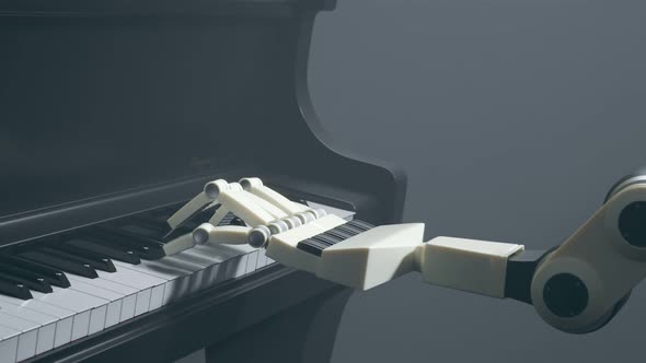 A modern robot is playing music on the piano. Fingers are moving with accuracy. alt