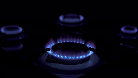 Natural Burning Gas From the Kitchen Gas Stove in the Dark