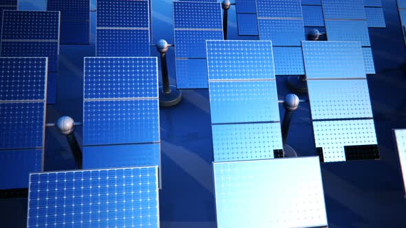 Animation of a huge solar power station with array of solar panels. Loopable. HD alt