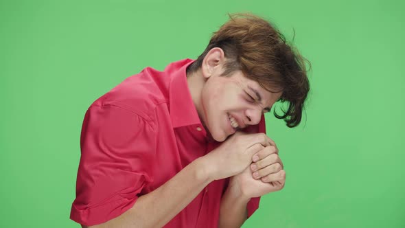 Young Guy Imitate Huddle in Public Transport and Indignantly Press Their Faces and Hands Against alt