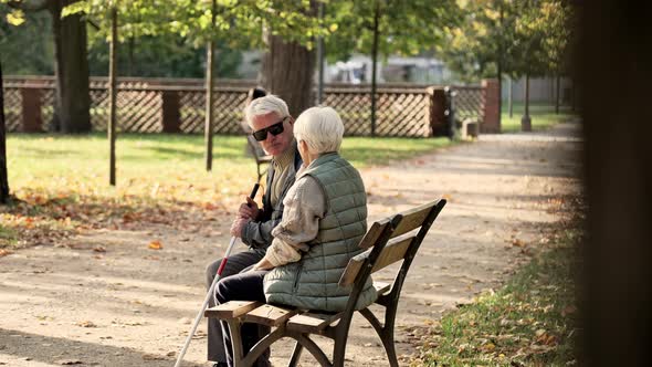 Elderly Caucasian Woman with Her Handicapped Husband in the Park Husband is in Glasses and a Stick alt