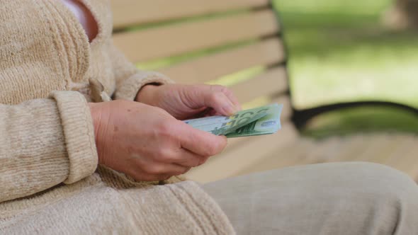 Cropped View Mature Woman Hands Holding Stack of Euro Banknotes Counting Money alt