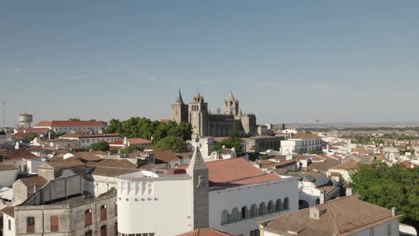 Establishing shot of cathedral in Evora municipality district, Portugal, Europe