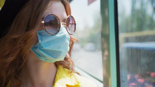 Lifestyle, Joyful Woman Wearing Glasses and Medical Mask To Protect Against Virus and Infection Is