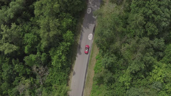 Red Car Driving in Forest 