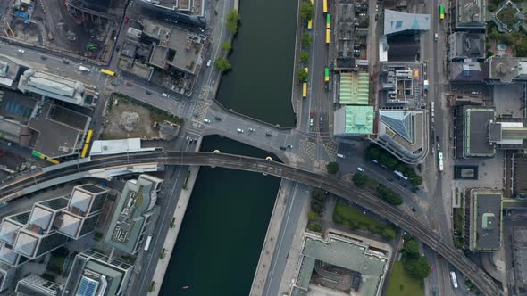 Aerial Birds Eye Overhead Top Down View of Traffic on Bridge Across Liffey River alt
