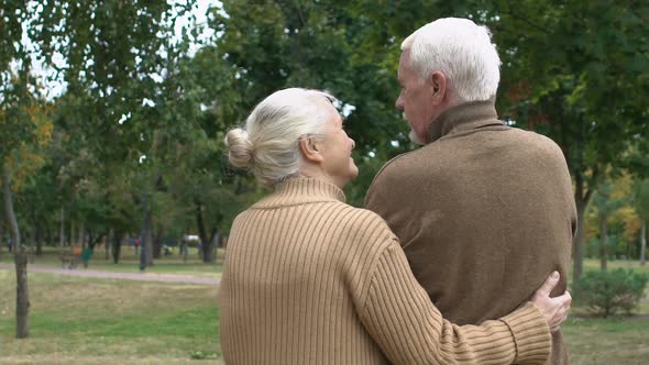 Grey-Haired Man and Woman Looking at Each Other With Tenderness, Back-View