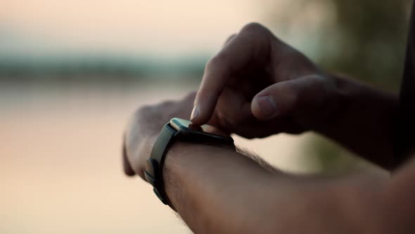 Heart Rate On Display Smartwatch. Runner Checking Pulse Smartwatch App. Touch Screen Smart Band. alt