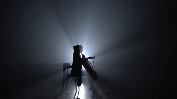 Woman Bows the Cello in a Smoky Room at Night. Silhouette. Black Smoke Background alt