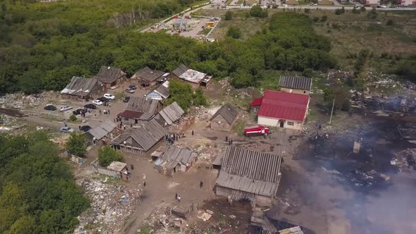 Aerial Panorama of Smouldering Ruins in Village, Aerial View of Burned Houses