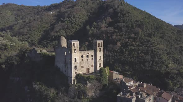 Doria castle aerial view in Dolceacqua, Imperia, Liguria. Old town medieval village in Italy alt