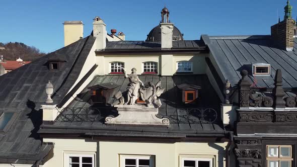 European city building. Elements of architecture. Aerial drone view. alt