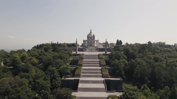 Drone flying towards the Sanctuary of Our Lady of Sameiro in Braga, Portugal alt