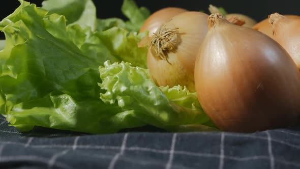 Golden Heads of Large Onions with Green Bright Lettuce Leaves Rotate Closeup