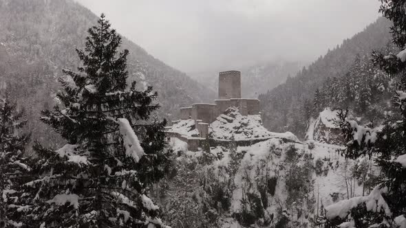 Aerial snowy view of Zil Castle with drone (Bell Castle) Turkey-Rize