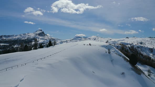 Aerial, Winter Landscape In Dolomites Mountains On A Sunny Day In Italy