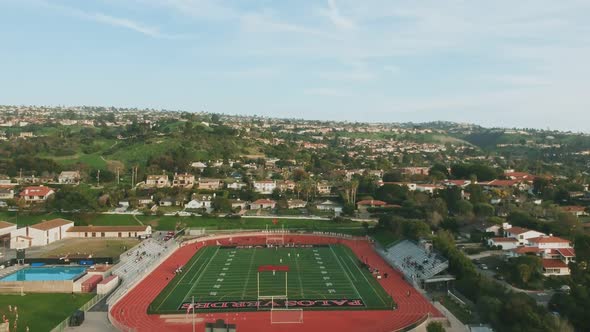 Afternoon drone view from the Palos Verdes High School's soccer filed in Palos Verdes Estates, Calif alt