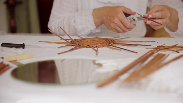 Mature Woman Making Paper Vine Basket at Home alt