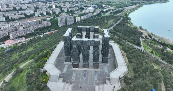 Tbilisi, Georgia - May 30 2022: Aerial view of Memorial History of Georgia alt