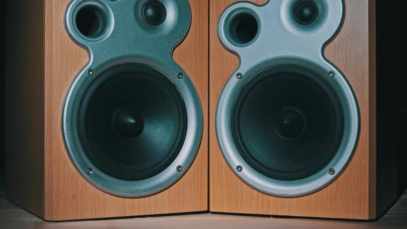 Two Audio Speakers Vibrate From Sound Bass in Slow Motion Stereo Closeup alt