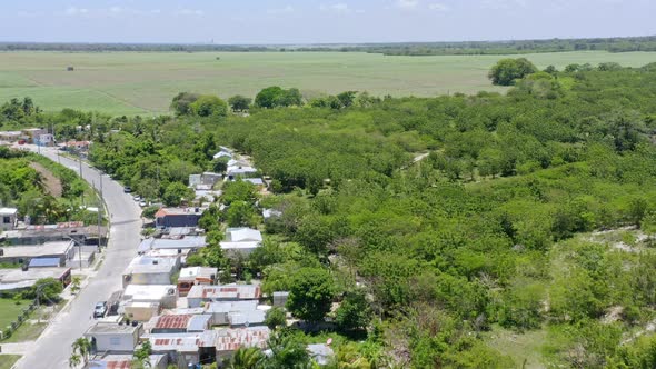 Sugar cane fields at San Pedro de Macoris in Dominican Republic. Aerial forward alt