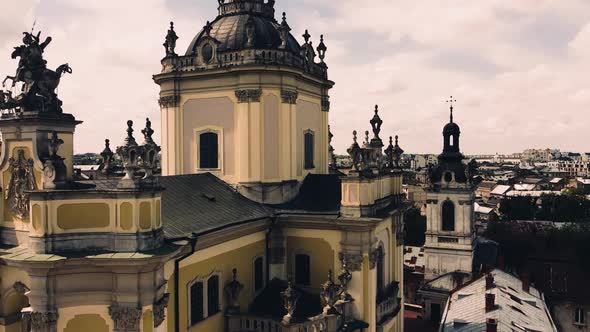 Aerial drone view of a flying over the Catholic Cathedral alt