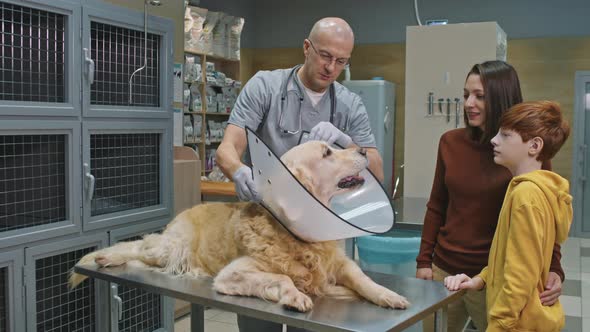 Happy Owners Of Golden Retriever At Vet Clinic alt