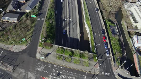 Aerial footage of the A50, A500 motorway, dual carriage way in the heart of the city of Stoke on Tre alt