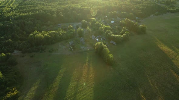 Village In The Middle Of The Forest. Old Houses Are Visible Between The Trees. alt